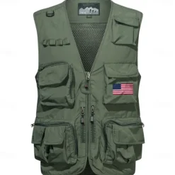 Clearance OUKU Men's American US Flag Waistcoat Gilet Fishing Vest Tactical Practical Removable Casual Sports Outdoor Fishing Photography Mesh Side Pockets Quick Dry Collarless Sleeveless Army Green Dark Blue