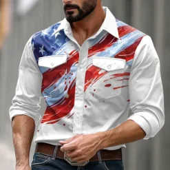 Discount OUKU Men's American US Flag Western Shirt Button Up Shirt Long Sleeve Western Casual Causal Casual Spring Fall Turndown Button Up 2 Pockets White 1 White White 2