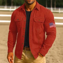 Clearance OUKU Men's American US Flag Work Shirt Western Shirt Cargo Shirt Long Sleeve Casual Tactical Sports Outdoor WorkWear Spring Fall Turndown Front Two Pockets Button Up Shirts Black Army Green Red Blue Orange