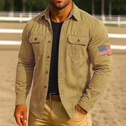 Clearance OUKU Men's American US Flag Work Shirt Western Shirt Cargo Shirt Long Sleeve Casual Tactical Sports Outdoor WorkWear Spring Fall Turndown Front Two Pockets Button Up Shirts Black Army Green Red Blue Orange