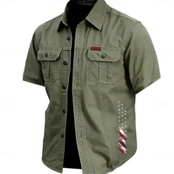 Hot OUKU Men's American US Flag Work Shirt Western Shirt Cargo Shirt Short Sleeve Casual Tactical Sports Outdoor WorkWear Summer Spring Turndown Front Two Pockets Cotton Button Up Shirts Army Green Khaki Dark
