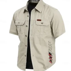 Hot OUKU Men's American US Flag Work Shirt Western Shirt Cargo Shirt Short Sleeve Casual Tactical Sports Outdoor WorkWear Summer Spring Turndown Front Two Pockets Cotton Button Up Shirts Army Green Khaki Dark
