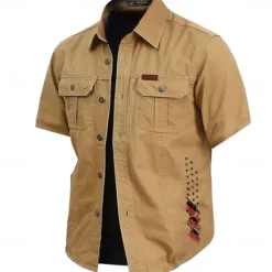 Hot OUKU Men's American US Flag Work Shirt Western Shirt Cargo Shirt Short Sleeve Casual Tactical Sports Outdoor WorkWear Summer Spring Turndown Front Two Pockets Cotton Button Up Shirts Army Green Khaki Dark
