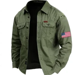 Hot OUKU Men's American US Flag Work Shirt Western Shirt Cargo Shirt Long Sleeve Casual Tactical Sports & Outdoor Going out Winter Spring & Fall Turndown Print Army Green Blue Khaki