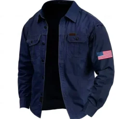 Hot OUKU Men's American US Flag Work Shirt Western Shirt Cargo Shirt Long Sleeve Casual Tactical Sports & Outdoor Going out Winter Spring & Fall Turndown Print Army Green Blue Khaki