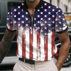 Best OUKU Men's American US Flag Zip Polo Shirts Short Sleeve Polo Shirts Collared Shirts Casual Athleisure Daily Wear 3D Print Summer Red Navy Blue Sky Blue
