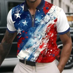 Best OUKU Men's American US Flag Zip Polo Shirts Short Sleeve Polo Shirts Collared Shirts Casual Athleisure Daily Wear 3D Print Summer Red Navy Blue Sky Blue