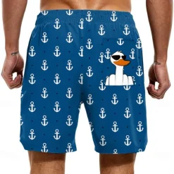 Best OUKU Men's Anchor Funny Duck Lined Shorts 2 in 1 Board Shorts Swim Shorts Mid Waist Hawaiian Vacation Holiday Beach Wear Side Pockets With Compression Liner Elastic Drawstring Waist Designer Clothing
