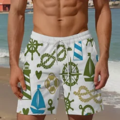 Hot OUKU Men's Anchor Sailboat Swim Trunks Swim Shorts Board Shorts Mid Waist Vacation Hawaiian Holiday Vacation Holiday Beach Drawstring with Mesh lining Elastic Waist Designer Clothing Apparel