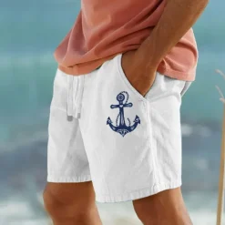 Best OUKU Men's Anchor Shorts Summer Shorts Beach Shorts Mid Waist Hawaiian Casual Outdoor Holiday Going out Drawstring Elastic Waist Print Designer Clothing Apparel