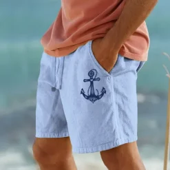 Best OUKU Men's Anchor Shorts Summer Shorts Beach Shorts Mid Waist Hawaiian Casual Outdoor Holiday Going out Drawstring Elastic Waist Print Designer Clothing Apparel