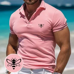 Best OUKU Men's Animal Bee Polo Short Sleeve Polo Shirts Collared Shirts Business Casual Outdoor Athleisure Daily Wear 3D Print Summer White Pink Blue