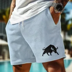 Outlet OUKU Men's Animal Bull Waffle Shorts Sweat Shorts Casual Shorts Mid Waist Fashion Casual Vacation Jogging Workout Elastic Drawstring Waist Shorts with Pockets Designer Clothing Apparel
