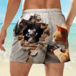 New OUKU Men's Animal Cat Funny Swim Trunks Swim Shorts Board Shorts Mid Waist Streetwear Hawaiian Casual Daily Holiday Pocket Drawstring Elastic Waist Designer Clothing Apparel