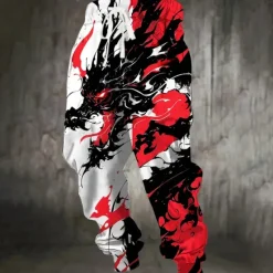 OUKU Men's Animal Dragon Dark Sweatpants Joggers Trousers Mid Waist Drawstring Elastic Waist Casual Jogging Streetwear Workout Athletic Sweatpants with Pockets Spring Fall 3D Print White