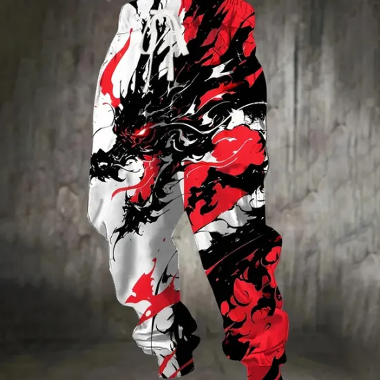 OUKU Men's Animal Dragon Dark Sweatpants Joggers Trousers Mid Waist Drawstring Elastic Waist Casual Jogging Streetwear Workout Athletic Sweatpants with Pockets Spring Fall 3D Print White