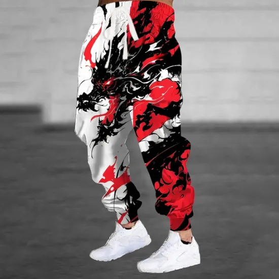 OUKU Men's Animal Dragon Dark Sweatpants Joggers Trousers Mid Waist Drawstring Elastic Waist Casual Jogging Streetwear Workout Athletic Sweatpants with Pockets Spring Fall 3D Print White