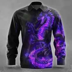 New OUKU Men's Animal Dragon Flame Shirt Button Up Shirt Long Sleeve Dark Gothic Style Holiday Streetwear Summer Spring Turndown 3D Print Collared Shirts Purple Orange Green