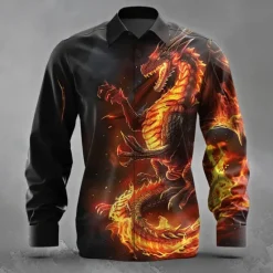New OUKU Men's Animal Dragon Flame Shirt Button Up Shirt Long Sleeve Dark Gothic Style Holiday Streetwear Summer Spring Turndown 3D Print Collared Shirts Purple Orange Green