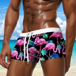 New OUKU Men's Animal Flamingo Bird Swim Trunks Swim Shorts Board Shorts Mid Waist Fashion Designer Holiday Beach Swimming Pool Pocket Drawstring Elastic Waist Designer Clothing Apparel Black