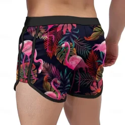 OUKU Men's Animal Flamingo Tropical Swim Shorts Board Shorts Swimming Trunks Mid Waist Fashion Designer Surfing Holiday Beach Pocket Drawstring Elastic Waist Designer Clothing Apparel