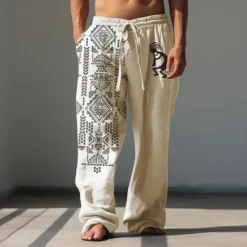 Best OUKU Men's Animal Grid / Plaid Geometric Pattern Linen Pants Baggy Pants Mid Waist Vintage Ethnic Style Casual Outdoor Streetwear Elastic Waist Spring & Fall Fall & Winter Blue Green Khaki