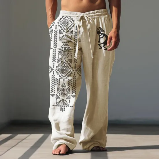 Best OUKU Men's Animal Grid / Plaid Geometric Pattern Linen Pants Baggy Pants Mid Waist Vintage Ethnic Style Casual Outdoor Streetwear Elastic Waist Spring & Fall Fall & Winter Blue Green Khaki