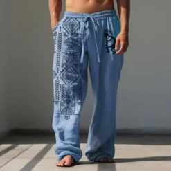 Best OUKU Men's Animal Grid / Plaid Geometric Pattern Linen Pants Baggy Pants Mid Waist Vintage Ethnic Style Casual Outdoor Streetwear Elastic Waist Spring & Fall Fall & Winter Blue Green Khaki