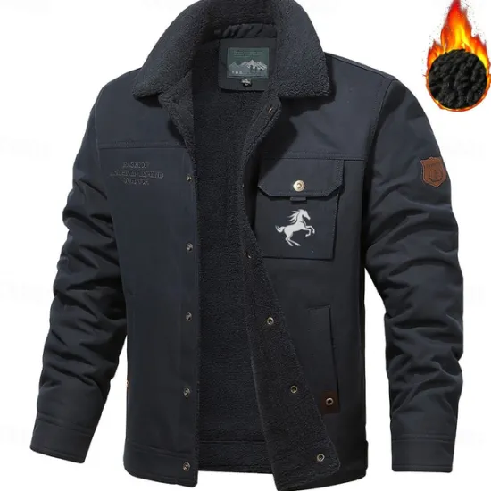 OUKU Men's Animal Horse Embroidered Fleece Jacket Sherpa Trucker Jacket Work Cargo Jacket Turn-Down Collar Warm Winter Cotton Jacket Vintage Casual Sports Outdoor Coat Multi-Pockets