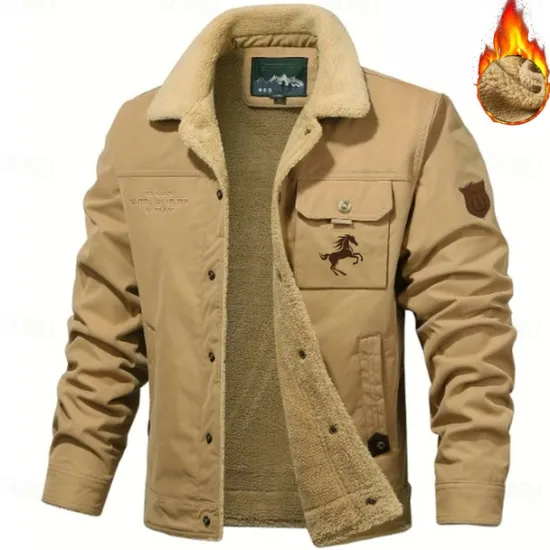 OUKU Men's Animal Horse Embroidered Fleece Jacket Sherpa Trucker Jacket Work Cargo Jacket Turn-Down Collar Warm Winter Cotton Jacket Vintage Casual Sports Outdoor Coat Multi-Pockets