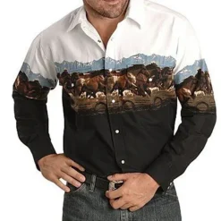 Online OUKU Men's Animal Horse Graphic Prints Shirt Western Shirt Cowboy Shirt Long Sleeve Fashion Designer Casual Outdoor Daily Fall & Winter Turndown Print Button-Down White Black / Green Light Green Black