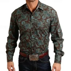 Online OUKU Men's Animal Horse Graphic Prints Shirt Western Shirt Cowboy Shirt Long Sleeve Fashion Designer Casual Outdoor Daily Fall & Winter Turndown Print Button-Down White Black / Green Light Green Black