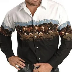 Online OUKU Men's Animal Horse Graphic Prints Shirt Western Shirt Cowboy Shirt Long Sleeve Fashion Designer Casual Outdoor Daily Fall & Winter Turndown Print Button-Down White Black / Green Light Green Black