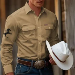 Best OUKU Men's Animal Horse Work Shirt Western Shirt Cargo Shirt Long Sleeve Tactical Vintage Retro Sports Outdoor WorkWear Spring Fall Turndown Front Two Pockets Button Up Shirts Black White Army Green Blue