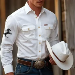 Best OUKU Men's Animal Horse Work Shirt Western Shirt Cargo Shirt Long Sleeve Tactical Vintage Retro Sports Outdoor WorkWear Spring Fall Turndown Front Two Pockets Button Up Shirts Black White Army Green Blue