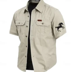 OUKU Men's Animal Horse Work Shirt Western Shirt Cargo Shirt Short Sleeve Casual Tactical Sports Outdoor WorkWear Summer Spring Turndown Front Two Pockets Cotton Button Up Shirts Army Green Khaki Dark