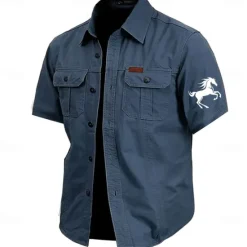 OUKU Men's Animal Horse Work Shirt Western Shirt Cargo Shirt Short Sleeve Casual Tactical Sports Outdoor WorkWear Summer Spring Turndown Front Two Pockets Cotton Button Up Shirts Army Green Khaki Dark