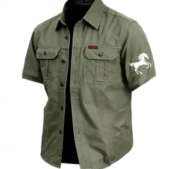 OUKU Men's Animal Horse Work Shirt Western Shirt Cargo Shirt Short Sleeve Casual Tactical Sports Outdoor WorkWear Summer Spring Turndown Front Two Pockets Cotton Button Up Shirts Army Green Khaki Dark
