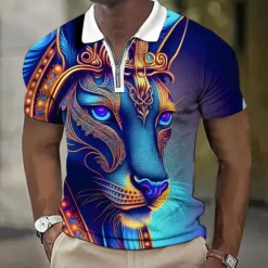 Online OUKU Men's Animal Leopard Graphic Prints Waffle Polo Shirt Polo Shirt Zip Polo Golf Shirt Short Sleeves Shirt Turndown Outdoor Street Black Yellow Blue Purple Green Zipper Print Clothing Apparel Fashion