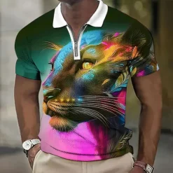 Online OUKU Men's Animal Leopard Graphic Prints Waffle Polo Shirt Polo Shirt Zip Polo Golf Shirt Short Sleeves Shirt Turndown Outdoor Street Black Yellow Blue Purple Green Zipper Print Clothing Apparel Fashion