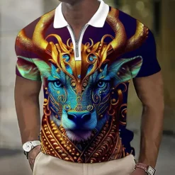 Online OUKU Men's Animal Leopard Graphic Prints Waffle Polo Shirt Polo Shirt Zip Polo Golf Shirt Short Sleeves Shirt Turndown Outdoor Street Black Yellow Blue Purple Green Zipper Print Clothing Apparel Fashion