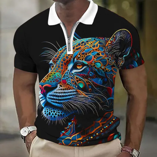 Online OUKU Men's Animal Leopard Graphic Prints Waffle Polo Shirt Polo Shirt Zip Polo Golf Shirt Short Sleeves Shirt Turndown Outdoor Street Black Yellow Blue Purple Green Zipper Print Clothing Apparel Fashion