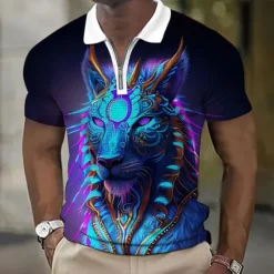 Online OUKU Men's Animal Leopard Graphic Prints Waffle Polo Shirt Polo Shirt Zip Polo Golf Shirt Short Sleeves Shirt Turndown Outdoor Street Black Yellow Blue Purple Green Zipper Print Clothing Apparel Fashion