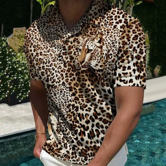 Hot OUKU Men's Animal Leopard Polo Shirts Golf Shirt Short Sleeve Shirt Turndown Casual Daily 3D Print Yellow Blue Brown Dark Gray Print Clothing Apparel Fashion Designer Casual Breathable