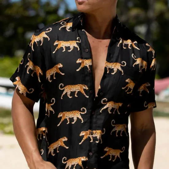 Outlet OUKU Men's Animal Leopard Shirt Summer Hawaiian Shirt Aloha Shirt Short Sleeves Shirt Turndown Tropical Fashion Hawaiian Outdoor Street Hawaiian Black Brown Green S M L
