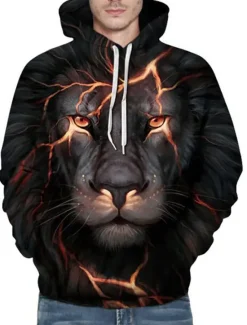 New OUKU Men's Animal Lion 3D Hoodie Hoodies Sweatshirt Active Long Sleeve Hooded Weekend Denim Blue Black Print Fall Winter Designer