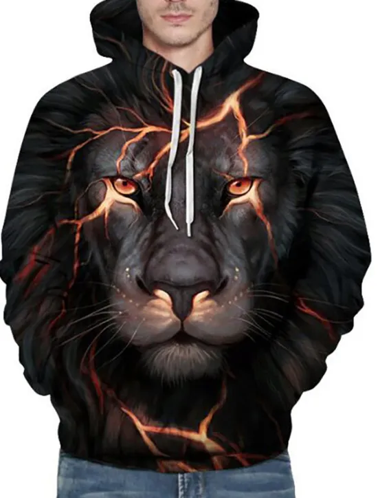 New OUKU Men's Animal Lion 3D Hoodie Hoodies Sweatshirt Active Long Sleeve Hooded Weekend Denim Blue Black Print Fall Winter Designer