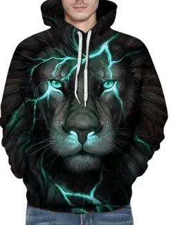 New OUKU Men's Animal Lion 3D Hoodie Hoodies Sweatshirt Active Long Sleeve Hooded Weekend Denim Blue Black Print Fall Winter Designer