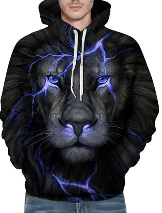 New OUKU Men's Animal Lion 3D Hoodie Hoodies Sweatshirt Active Long Sleeve Hooded Weekend Denim Blue Black Print Fall Winter Designer