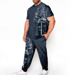 New OUKU Men's Animal Lion 3D Print 2pcs Tees sets Matching Sets Short Sleeve Long pants Crew Neck Fashion Streetwear Casual Outdoor Daily Sports 3D Print Spring & Summer Navy Blue Green Dark Gray
